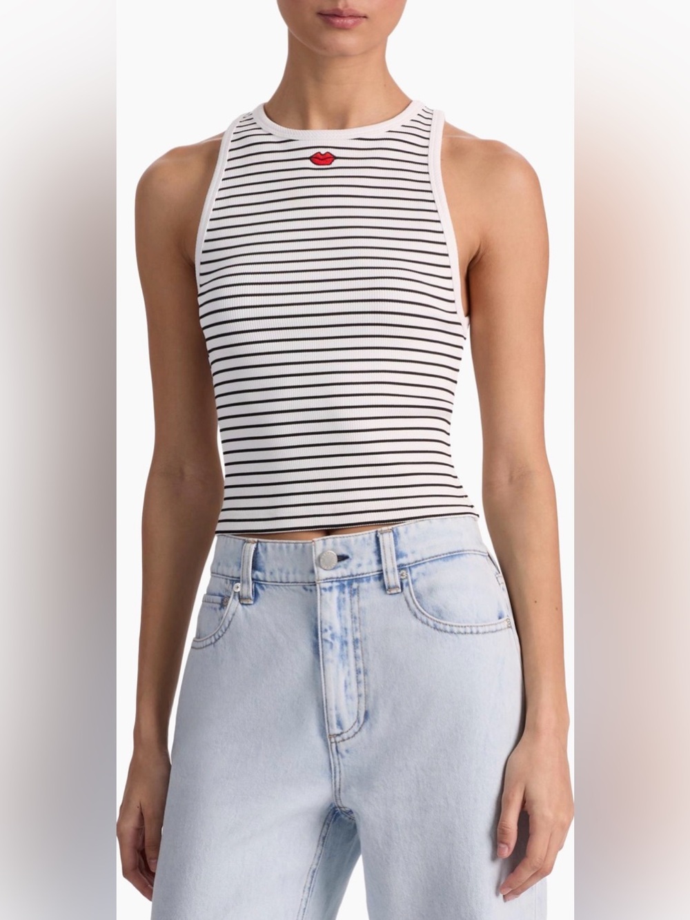 Alice + Olivia Allen Embroidered Striped Tank Off-White & Black Stripe